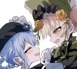  2girls bird_hat_ornament black_bow black_capelet black_hat blonde_hair blue_hair bonnet bow bow_flower bowtie braid braided_hair_rings capelet closed_eyes commentary_request deerstalker flower green_bonnet green_eyes hair_flower hair_ornament hair_rings harumaking hat hat_bow long_hair looking_at_another mahou_shoujo_no_majo_saiban multiple_girls open_mouth pleated_capelet rose short_hair simple_background smile tachibana_sherry tono_hanna twintails white_background white_flower white_rose yellow_flower yellow_rose yuri 