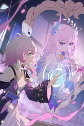  2girls absurdres alt_text bare_shoulders blue_eyes book breasts coat commentary cowboy_shot cyrene_(demiurge)_(honkai:_star_rail) cyrene_(honkai:_star_rail) cyrene_(philia093)_(honkai:_star_rail) different_reflection dress dual_persona english_commentary hand_on_mirror hand_on_own_chest highres holding holding_book honkai:_star_rail honkai_(series) large_breasts libero_art long_hair long_sleeves looking_at_mirror mirror multiple_girls off-shoulder_coat off_shoulder pink_hair pointy_ears purple_coat reflection ripples small_breasts smile unfinished very_long_hair violet_eyes white_dress 