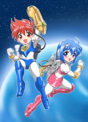  1boy 1girl ahoge arm_cannon arm_up armor armored_boots blue_armor blue_eyes blue_hair bodysuit boots cable chiisana_kyojin_microman:_uborg_senki_2010 clenched_hand commentary_request female_protagonist_(chiisana_kyojin_microman:_uborg_senki_2010) full_body highres looking_at_viewer male_protagonist_(chiisana_kyojin_microman:_uborg_senki_2010) mechanical_wings microman miniskirt official_artist_extra open_mouth oyomesandazo pink_armor pink_skirt planet red_eyes red_hair short_hair skirt smile space star_(sky) weapon white_bodysuit wings 