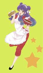  1girl apron bamboo_steamer bell black_shoes bowl chinese_clothes commentary_request green_background hair_bell hair_ornament highres holding holding_bowl kiku-ichi long_hair maid_headdress open_mouth pants purple_hair ranma_1/2 red_eyes red_pants red_shirt shampoo_(ranma_1/2) shirt shoes sidelocks simple_background smile star_(symbol) white_apron 