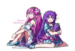  +_+ 2girls :d alternate_costume aubrey_(faraway)_(omori) aubrey_(headspace)_(omori) aubrey_(omori) back-to-back bare_arms bare_legs bare_shoulders blue_dress blue_eyes blue_shoes bow bracelet bright_pupils choker collarbone double-parted_bangs dress dress_bow dress_flower dual_persona flower frilled_choker frilled_dress frilled_sleeves frills full_body hair_between_eyes hair_bow hair_flower hair_ornament happy_birthday highres holding holding_stuffed_toy jewelry knees_up leaf long_hair looking_at_viewer mary_janes mr._plantegg_(omori) multiple_girls off-shoulder_dress off_shoulder omori open_mouth pink_bow pink_flower pink_hair puffy_short_sleeves puffy_sleeves purple_dress purple_hair shoes short_dress short_sleeves sidelocks simple_background sitting smile sparkle straight_hair stuffed_eggplant stuffed_toy tareme v_arms very_long_hair violet_eyes wariza white_background white_choker white_pupils white_sleeves white_trim wristband zhentan10806 