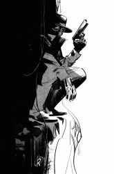  1boy absurdres black_coat bodysuit coat gun highres holding holding_gun holding_weapon hood hooded_bodysuit male_focus marvel mask monochrome raulfdezfonts solo spider-man_(series) spider-man_noir superhero_costume trench_coat weapon 