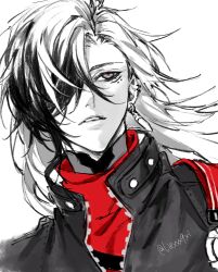  1boy black_jacket boothill_(honkai:_star_rail) earrings floating_hair grey_eyes hair_over_one_eye highres honkai:_star_rail honkai_(series) jacket jewelry liexxx9xi long_hair looking_to_the_side male_focus mole mole_under_eye one_eye_covered parted_hair piercing portrait red_scarf scarf shell_casing sideways_glance simple_background single_earring solo unzipped upper_body white_background 