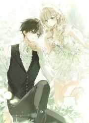 1boy 1girl angel_wings black_eyes black_hair black_pants black_vest blonde_hair braid brown_hair butterfly_hair_ornament dress green_eyes hair_ornament highres long_hair long_sleeves looking_at_another original ourgreenyday pants scar shirt short_hair sitting twin_braids vest white_shirt wings 