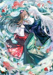  1boy 1girl absurdres black_shirt brown_eyes brown_hair carp character_request copyright_request fish flower fogstars fox_boy green_skirt grey_eyes hair_flower hair_ornament highres hug japanese_clothes kimono long_hair red_skirt sandals shirt skirt white_hair white_shirt 