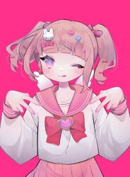  1girl :p ;p bad_id bad_twitter_id bow bowtie brooch cowboy_shot earrings ebichi_(mon600n) fake_wings hair_ornament hairclip hands_up heart heart_brooch highres jewelry long_sleeves looking_at_viewer nail_polish one_eye_closed original pink_background pink_bow pink_bowtie pink_eyes pink_nails pink_sailor_collar pink_skirt pink_theme pleated_skirt rabbit_hair_ornament sailor_collar school_uniform serafuku shirt simple_background skirt solo tongue tongue_out twintails white_shirt wings x_hair_ornament 