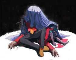  1boy 1other armored_boots black_hair black_pants blue_skin boots cable cape colored_skin deltarune galanel highres kris_(dark_world)_(deltarune) kris_(deltarune) necktie pants red_cape severed_arm severed_limb side_cape sitting utdr_(toby_fox) yellow_necktie 