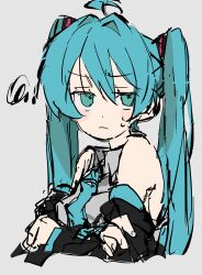  1girl absurdres ahoge annoyed aqua_eyes aqua_hair aqua_necktie bare_shoulders black_sleeves closed_mouth collared_shirt commentary crossed_arms detached_sleeves grey_shirt hair_between_eyes hair_intakes hatsune_miku highres long_hair n40a1 necktie shirt simple_background sketch skirt sleeveless sleeveless_shirt solo sweatdrop twintails vocaloid white_background 