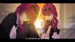  2girls artist_name bare_shoulders black_dress black_jacket black_necktie breasts closed_mouth commentary_request detached_sleeves dress dual_persona earrings eyewear_on_head finger_to_mouth gloves hair_between_eyes hand_up honkai:_star_rail honkai_(series) index_finger_raised indoors jacket jacket_on_shoulders jewelry kafka_(honkai:_star_rail) kafka_(impression)_(honkai:_star_rail) kafka_(star_rail_live_2024)_(honkai:_star_rail) knee_up large_breasts leaning_forward letterboxed long_hair looking_at_viewer multiple_girls necktie official_alternate_costume one_eye_closed parted_lips pearl_earrings purple_hair shirt shushing smile solo spider_web_print srpzk sun sunglasses sunset upper_body violet_eyes white_shirt window 