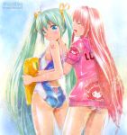  39 :d ^_^ aqua_eyes aqua_hair ass blush closed_eyes competition_swimsuit eyes_closed green_hair hair_ribbon hatsune_miku holding kickboard long_hair mayo_riyo megurine_luka multiple_girls one-piece_swimsuit open_mouth panties pink_hair red_hair redhead ribbon shiny shiny_hair shiny_skin smile striped striped_panties surfboard swimsuit takoluka traditional_media twintails underwear very_long_hair vocaloid 