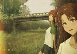  2girls absurdres antenna_hair arms_behind_back black_shorts bridge brown_hair commentary grass green_eyes green_sleeves highres koshigaya_komari koshigaya_natsumi light_leak long_hair looking_at_viewer looking_to_the_side mayoo03 multiple_girls non_non_biyori open_mouth outdoors parted_bangs power_lines raglan_sleeves scenery shirt short_hair short_sleeves shorts smile standing t-shirt tree white_shirt 