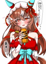  1girl absurdres animal_ears bare_shoulders blush brown_hair can commentary_request dress drink_can eye_trail hair_between_eyes hair_ribbon highres holding holding_can horse_ears horse_girl light_trail long_hair looking_at_viewer multicolored_hair open_mouth red_dress red_eyes red_ribbon ribbon shikimiya_life simple_background sleeveless sleeveless_dress smile solo speech_bubble still_in_love_(scarlet_vow_raiment)_(umamusume) still_in_love_(umamusume) streaked_hair translation_request umamusume veil white_background white_streaks white_veil 