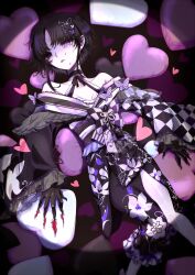  1girl absurdres bare_shoulders black_eyes black_hair black_kimono bow butterfly_hair_ornament checkered_sleeves colored_extremities dress fingernails furisode hair_ornament heart highres housho_margo japanese_clothes kimono lolita_fashion long_fingernails long_sleeves looking_at_viewer lying mahou_shoujo_no_majo_saiban neck_ribbon off-shoulder_dress off_shoulder parted_bangs ribbon short_hair solo spoilers violet_eyes vvovvovvo_3 wa_lolita wide_sleeves witch_(manosaba) 