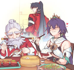  1girl 2boys alternate_hairstyle bandages_over_clothes beard blade_(honkai:_star_rail) blue_hair bowl bridal_gauntlets chair choker chopsticks commentary detached_sleeves earrings eating english_commentary facial_hair food full_beard hair_bun hair_ornament high_ponytail highres holding holding_chopsticks honkai:_star_rail honkai_(series) huaiyan_(honkai:_star_rail) indoors jacket jewelry long_hair looking_at_another looking_back mirukupowda mortenax_blade_(honkai:_star_rail) multiple_boys nail_polish old old_man ponytail single_earring sitting table tassel very_long_hair yunli_(honkai:_star_rail) 