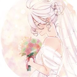  1girl bare_shoulders bouquet bride closed_mouth commentary_request dress flower green_flower grey_eyes gundam gundam_suisei_no_majo hair_bun hair_flower hair_ornament holding holding_bouquet miorine_rembran monchaman01 off-shoulder_dress off_shoulder pink_flower profile smile solo wedding_dress white_flower white_hair 