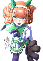  1girl absurdres animal_ears black_gloves black_pantyhose blue_eyes blunt_bangs blush bow commentary_request ear_covers gloves green_sailor_collar green_sleeves hairband highres hime_cut horse_ears horse_girl horse_tail long_hair long_sleeves looking_at_viewer motion_blur open_mouth orange_hair orange_tail pantyhose pleated_skirt running sailor_collar shousetsumono1 silence_suzuka_(innocent_silence)_(umamusume) silence_suzuka_(umamusume) simple_background skirt solo tail teeth umamusume white_background white_hairband white_skirt 