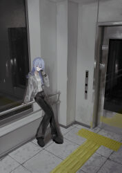  1girl absurdres belt belt_buckle black_belt black_nails black_pants black_shoes blue_eyes blue_hair buckle cellphone chihuri closed_mouth commentary elevator ende_(chihuri) grey_jacket hair_between_eyes highres holding holding_phone jacket long_hair long_sleeves mirror nail_polish open_clothes open_jacket original pants phone puffy_long_sleeves puffy_sleeves reflection shirt shoes sleeves_past_wrists smile solo white_shirt 