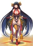  1girl 2015 absurdres black_hair breasts chinese_new_year cleavage curtsey darkmuleth elbow_gloves full_body gloves halterneck highres horns lipstick long_hair looking_at_viewer makeup navel_cutout original parted_lips ribbed_gloves ribbed_legwear solo thigh-highs very_long_hair yellow_eyes 