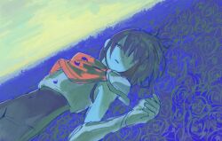  1other armor black_hair blue_flower blue_rose blue_skin colored_skin commentary deltarune field flower flower_field gg1231231231233 hair_over_one_eye highres kris_(dark_world)_(deltarune) kris_(deltarune) lying on_back on_ground other_focus parted_lips red_eyes rose short_hair solo utdr_(toby_fox) 