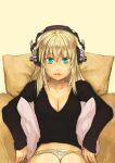  and aqua_eyes blonde_hair blush breasts cleavage cushion headphones long_sleeves mustard_seeds navel original sitting solo 