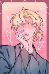  1boy alien_stage blonde_hair blush collared_shirt colored_extremities colored_eyelashes commentary english_commentary grey_shirt grid_background hand_on_own_face highres long_sleeves luka_(alien_stage) male_focus orange_background parted_lips pink_background ponytail shirt short_hair short_ponytail solo yellow_eyes yukaree06 