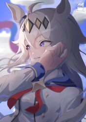  1girl absurdres ahoge animal_ears blue_eyes blue_sailor_collar blue_sky breasts breath brooch clouds grey_hair hair_between_eyes hairband hand_up highres horse_ears horse_girl huwarea_irsuto jacket jewelry long_hair long_sleeves medium_breasts multicolored_hair neckerchief oguri_cap_(starlight_beat)_(umamusume) oguri_cap_(umamusume) parted_lips red_neckerchief sailor_collar shirt sky smile star_brooch sweat teeth umamusume upper_body white_jacket white_shirt 