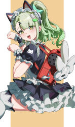  1girl absurdres animal_ear_hairband animal_ears bag black_dress cat_ear_hairband cat_ears dress earrings fake_animal_ears ghost_hair_ornament green_eyes green_hair hair_ornament hairband heart heart_earrings high_ponytail highres jewelry looking_at_viewer maid maid_headdress official_alternate_costume open_mouth ponytail red_bag solo sunna_(afternoon_tea_break)_(zenless_zone_zero) sunna_(zenless_zone_zero) tang_ke white_wings winged_bag wings zenless_zone_zero 