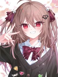  1girl absurdres ahoge badge black_cardigan blush bow bowtie brown_hair button_badge buttons cardigan chinese_commentary collared_shirt commentary_request evil_neuro-sama fyx02 grin hair_between_eyes hair_ornament hair_ribbon hand_up heart heart_button heart_hair_ornament highres long_hair long_sleeves looking_at_viewer red_bow red_bowtie red_eyes ribbon shirt skull_hair_ornament smile solo sparkle teeth turtle_button two_side_up upper_body vedal_ai virtual_youtuber w white_shirt 