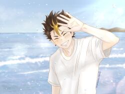  1boy blonde_hair blush brown_hair closed_eyes commentary crew_neck grin haikyuu!! highres ikkekarasunoo male_focus multicolored_hair nishinoya_yuu outdoors shirt short_hair short_sleeves sky smile spiky_hair streaked_hair t-shirt twitter_username upper_body water white_shirt 