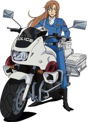  1girl belt belt_buckle black_boots blue_eyes blue_jacket blue_pants boots brown_hair buckle buttons closed_mouth double-breasted emblem full_body gloves hagiwara_chihaya hair_between_eyes helmet holding holding_unworn_helmet jacket long_hair long_sleeves meitantei_conan motor_vehicle motorcycle official_art pants police police_motorcycle police_uniform policewoman red_lips shirt simple_background solo transparent_background turtleneck turtleneck_shirt unworn_headwear unworn_helmet white_belt white_gloves white_shirt 