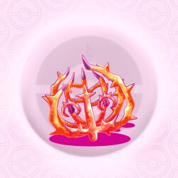  brambleghast commentary english_commentary full_body heterochromia linnotheshibo mismatched_sclera no_humans poke_ball_background poke_ball_symbol pokemon pokemon_(creature) pokemon_focus purple_background slit_pupils solo thorns 