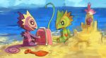  beach blue_sky bucket eyelashes highres kecleon no_humans not_shiny_pokemon ocean outdoors playing pmd-explorers pokemon pokemon_(creature) purplekecleon sand sand_castle sky 