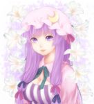  bad_id breasts cleavage crescent etou_(cherry7) eyelashes flower hair_ribbon hat highres large_breasts light_smile lily_(flower) lips long_hair patchouli_knowledge purple_eyes purple_hair ribbon silo solo touhou violet_eyes 