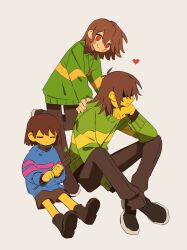  3others black_pants blue_sweater brown_hair brown_shorts chara_(undertale) collared_shirt colored_skin deltarune frisk_(undertale) galanel green_sweater heart heart_necklace highres jewelry kris_(deltarune) multiple_others necklace other_focus pants red_eyes shirt short_hair shorts soul_(utdr) sweater undertale utdr_(toby_fox) yellow_skin 