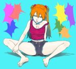  barefoot bigoru blue_eyes feet hair_ornament highres midriff navel neon_genesis_evangelion off_shoulder open_mouth orange_hair shorts sitting soryu_asuka_langley souryuu_asuka_langley spread_legs strap_slip striped striped_tank_top tank_top toes twintails 