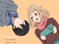  1boy 1girl :d ^_^ black_hair blue_shirt brown_background brown_hair brown_jacket closed_eyes commentary_request dated facing_another grey_jacket grin hugging_object jacket josee_(joseetora) josee_to_tora_to_sakana-tachi looking_at_another lying on_back ryoji_minato shirt simple_background sketchbook smile suzukawa_tsuneo translation_request twitter_username upper_body violet_eyes 