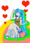  aqua_hair barefoot closed_eyes cushion eating eyes_closed hatsune_miku heart long_hair sitting skirt smile solo strap_slip tomabo twintails very_long_hair vocaloid 