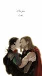  armor avengers backlighting black_hair blonde_hair brothers cape closed_eyes eyes_closed facial_hair highres loki_(marvel) marvel multiple_boys nizio siblings stubble thor_(marvel) 