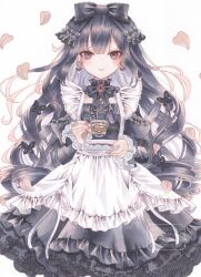  1girl absurdres black_dress black_hair blush brown_eyes butterfly_hair_ornament cup dress earrings frilled_dress frills hair_ornament highres holding holding_cup holding_saucer jewelry layered_dress lolita_fashion long_hair looking_at_viewer marker_(medium) original paruno petals saucer smile solo tea teacup traditional_media very_long_hair wavy_hair 