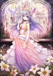  akabane_(zebrasmise) bare_shoulders bird blue_hair castle dress elbow_gloves flower gloves head_wings highres jewelry long_hair necklace open_mouth original smile violet_eyes 