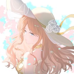  1girl absurdres alternate_costume artist_request bang_dream! bang_dream!_it's_mygo!!!!! bare_shoulders blue_eyes breasts brown_hair chinese_commentary closed_mouth commentary_request commission flower from_behind hat hat_flower highres long_hair looking_at_viewer looking_back nagasaki_soyo petals rose second-party_source sidelocks sly solo sun_hat upper_body white_flower white_hat white_rose 