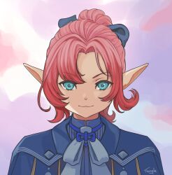  1girl absurdres aqua_eyes blue_ribbon closed_mouth commentary_request eleanor_(xenoblade) highres looking_at_viewer neck_ribbon pink_hair pointy_ears ponytail portrait ribbon solo straight-on tangle_(pixiv102660396) white_ribbon xenoblade_chronicles_(series) xenoblade_genesis 