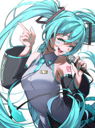  1girl :d absurdres aqua_eyes aqua_hair aqua_nails aqua_necktie bare_shoulders black_skirt black_sleeves breasts collared_shirt commentary dapenpan detached_sleeves grey_shirt hair_between_eyes half-closed_eyes hands_up happy hatsune_miku highres holding holding_microphone long_hair looking_at_viewer microphone nail_polish necktie open_mouth shirt simple_background skirt sleeveless sleeveless_shirt smile solo tattoo teeth twintails very_long_hair vocaloid white_background wide_sleeves 