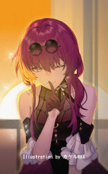  1girl artist_name bare_shoulders black_dress breasts closed_mouth commentary_request detached_sleeves dress earrings eyewear_on_head finger_to_mouth gloves hair_between_eyes hand_up highres honkai:_star_rail honkai_(series) index_finger_raised indoors jewelry kafka_(honkai:_star_rail) kafka_(star_rail_live_2024)_(honkai:_star_rail) large_breasts leaning_forward long_hair looking_at_viewer official_alternate_costume one_eye_closed pearl_earrings purple_hair shushing smile solo srpzk sun sunglasses sunset upper_body violet_eyes window 