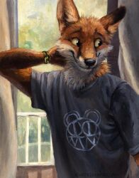  1boy animal_ears arm_behind_head black_shirt brown_fur fox_boy fox_ears furry furry_male indoors kenket looking_to_the_side original shirt short_sleeves solo upper_body 