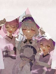  3girls apron bell black_choker blue_hair choker closed_eyes commentary_request crossed_arms curtains detached_sleeves genshin_impact hair_between_eyes hand_fan hand_up highres holding holding_fan hyakujitsuhaku_shion japanese_clothes kanousei_8 kimono long_hair long_sleeves looking_at_viewer maid maid_apron maid_headdress multiple_girls neck_bell nihongami obi open_mouth pink_background pink_hair pink_kimono pink_pupils pointy_ears purple_kimono sash shiba_murasaki short_hair simple_background smile smoke violet_eyes wa_maid yellow_eyes yumemizuki_mizuki 