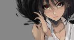  black_hair bust face lips mito_(calcomer) pointy_ears red_eyes shameimaru_aya short_hair simple_background solo touhou 