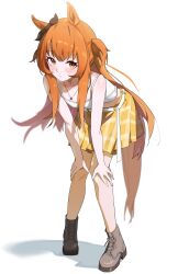  1girl absurdres adapted_costume animal_ears bare_arms belt belt_buckle brown_shoes buckle camisole closed_mouth commentary_request ear_ornament full_body hands_on_own_knees highres horse_ears horse_girl horse_tail jewelry knees_together_feet_apart leaning_forward long_hair looking_at_viewer mayano_top_gun_(umamusume) midriff necklace orange_eyes orange_hair orange_tail pigeon-toed shoes simple_background solo spaghetti_strap standing tail two_side_up umamusume white_background white_belt white_camisole yin_lan- 