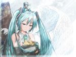  aqua_eyes aqua_hair bare_shoulders bird chibi_on_head chick closed_eyes crossed_arms detached_sleeves egg feathers hachune_miku hatching hatsune_miku headset highres leaf necktie nest next sitting spring_onion sunbeam sunlight twintails vocaloid wings 