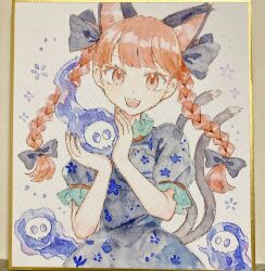  1girl animal_ear_fluff animal_ears black_bow black_dress bow braid cat_ears cat_tail commentary_request dress extra_ears fire flaming_skull floating_skull hair_bow highres kaenbyou_rin long_hair looking_at_viewer mozukuzu_(manukedori) multiple_tails nekomata open_mouth photo_(medium) red_eyes red_hair shikishi skull smile solo tail touhou traditional_media twin_braids two_tails 